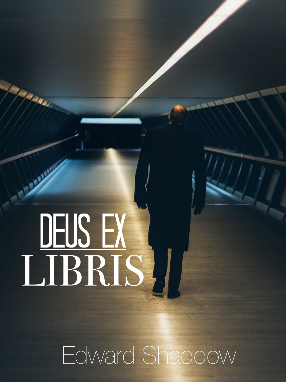 Cover of Deus Ex Libris with a man walking down a grey corridor